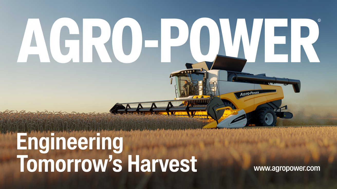 An agricultural machinery banner for 'AGRO-POWER', featuring a modern green combine harvester in a wheat field and the slogan 'Engineering Tomorrow's Harvest'.