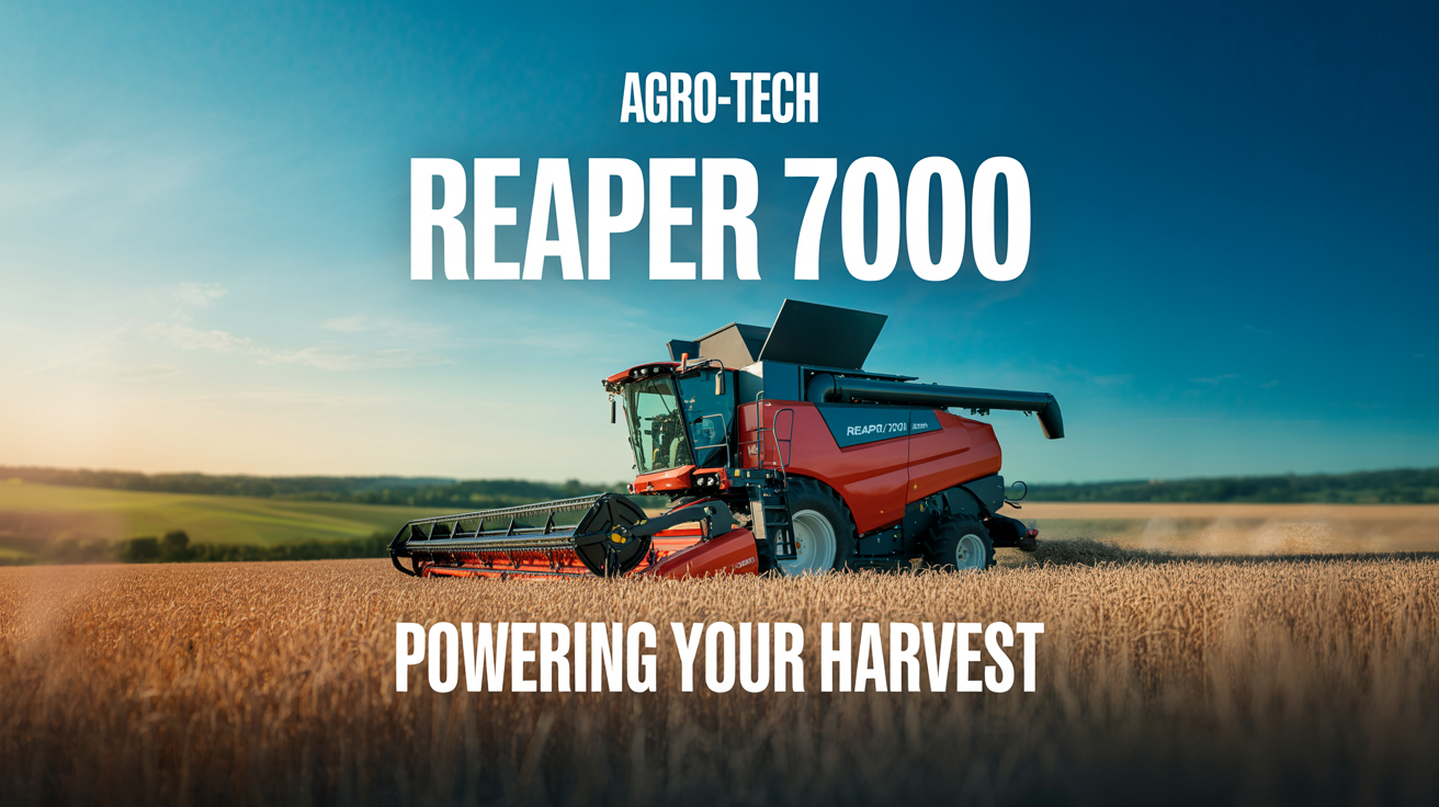 An advertising banner for agricultural machinery featuring a large, modern red combine harvester at work in a golden wheat field under a blue sky, with the brand name 'AGRO-TECH' and slogan 'Powering Your Harvest'.