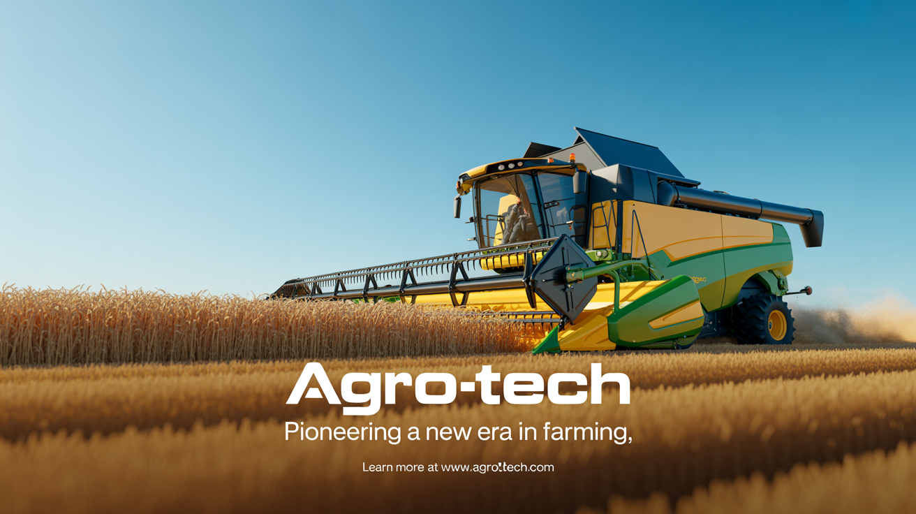 A professional banner for an agricultural machinery company named AGRO-TECH, featuring a modern green and yellow combine harvester in a wheat field and the tagline 'Pioneering a New Era in Farming'.