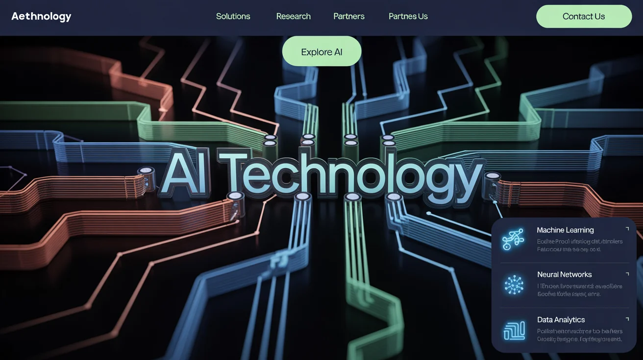 A futuristic 16:9 tech background with glowing green, blue, and silver circuits and data streams on a black backdrop, with the words 'AI TECHNOLOGY' subtly integrated into the design.