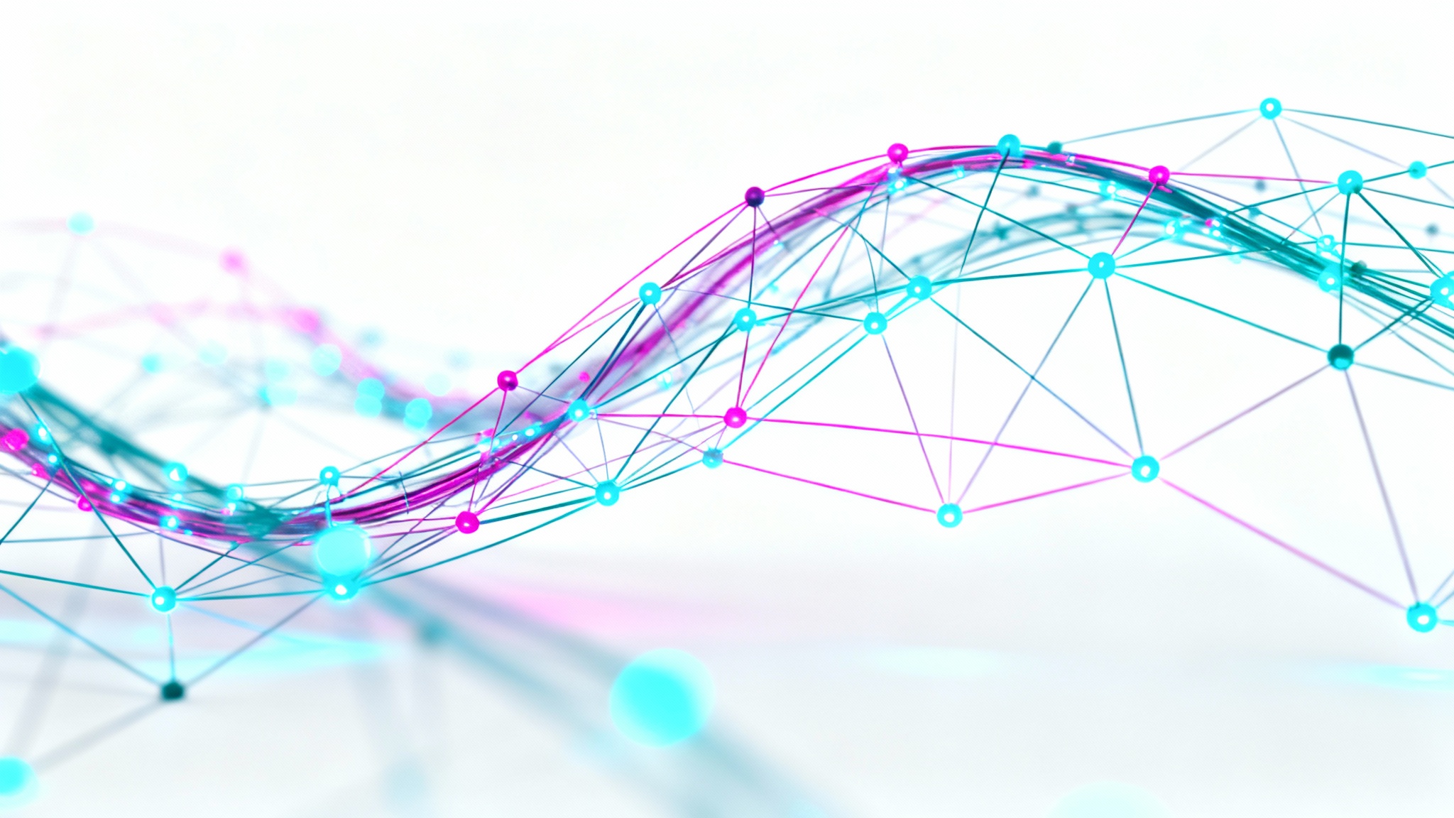 A modern, abstract technology background showing a network of glowing blue and pink lines and nodes on a solid white background, symbolizing data and connectivity.
