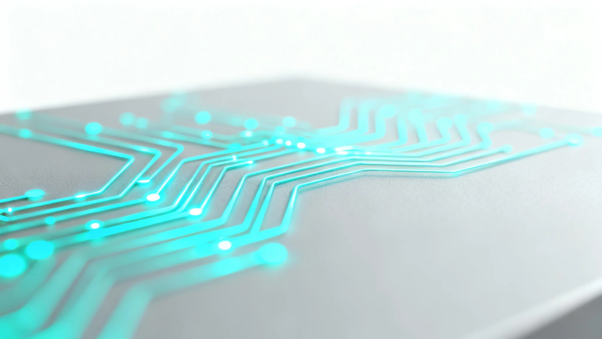 An abstract tech background with glowing blue and cyan lines representing data streams on a clean, light gray surface, against a white background.