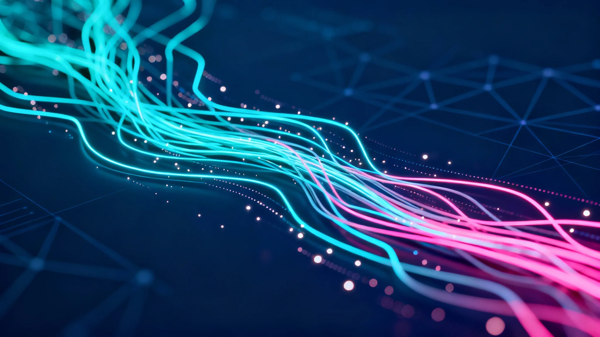An abstract technology background with glowing blue and pink lines representing data flow on a dark, futuristic grid.
