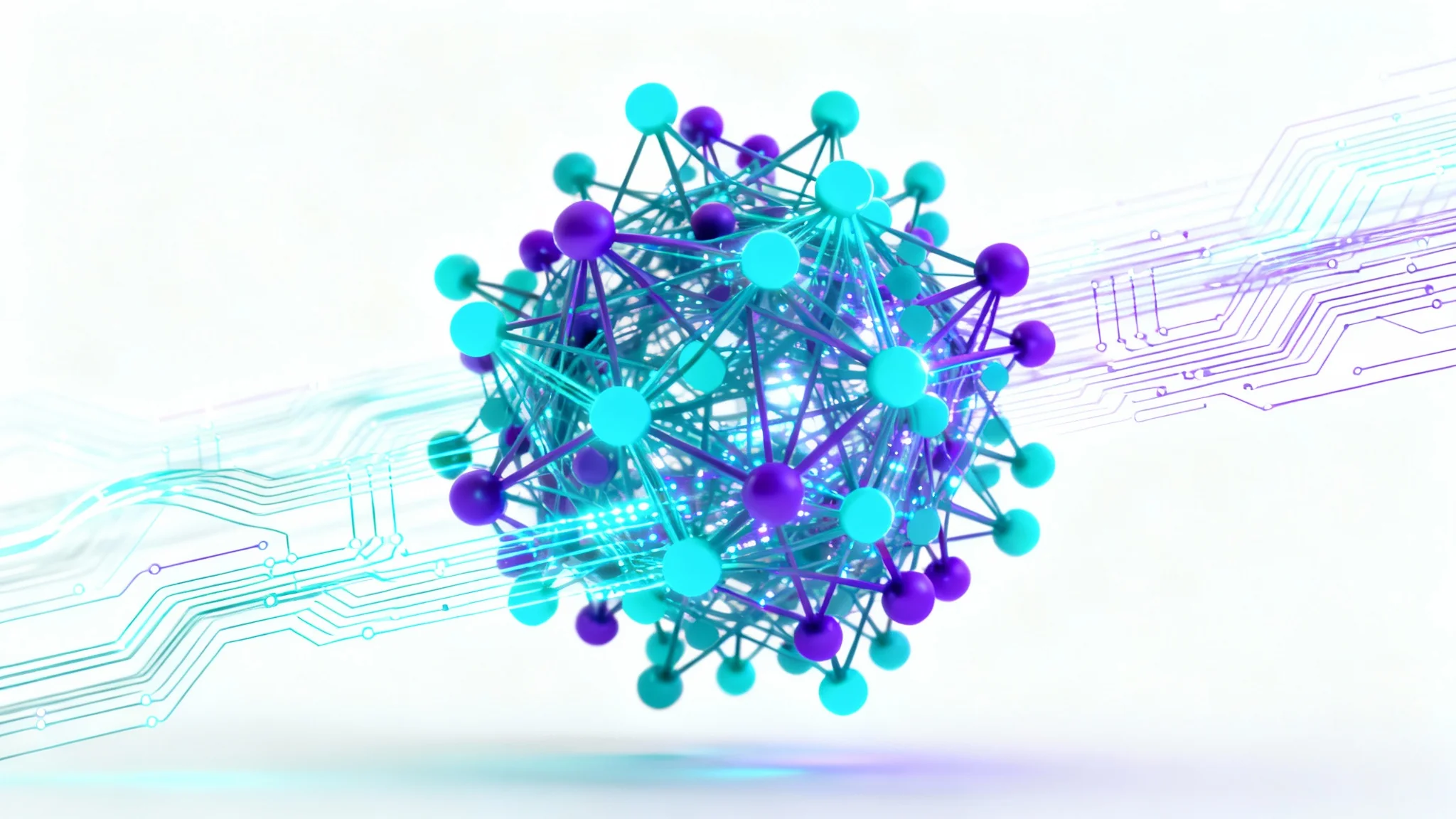 An abstract, futuristic image depicting a network of glowing cyan and violet nodes and lines, symbolizing technology and data, on a clean white background.