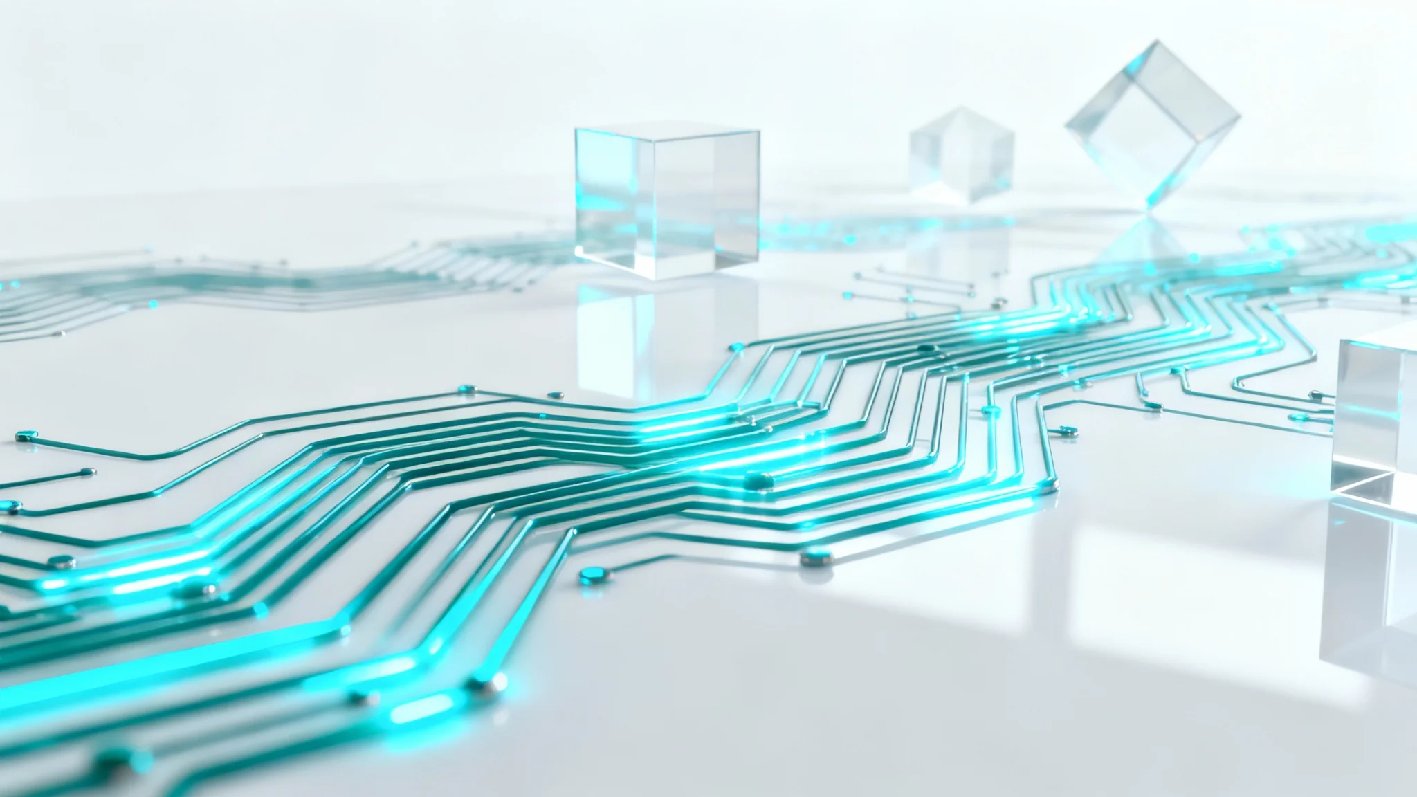 An abstract technology background with glowing blue and cyan circuit patterns on a clean white surface, symbolizing innovation and data flow.