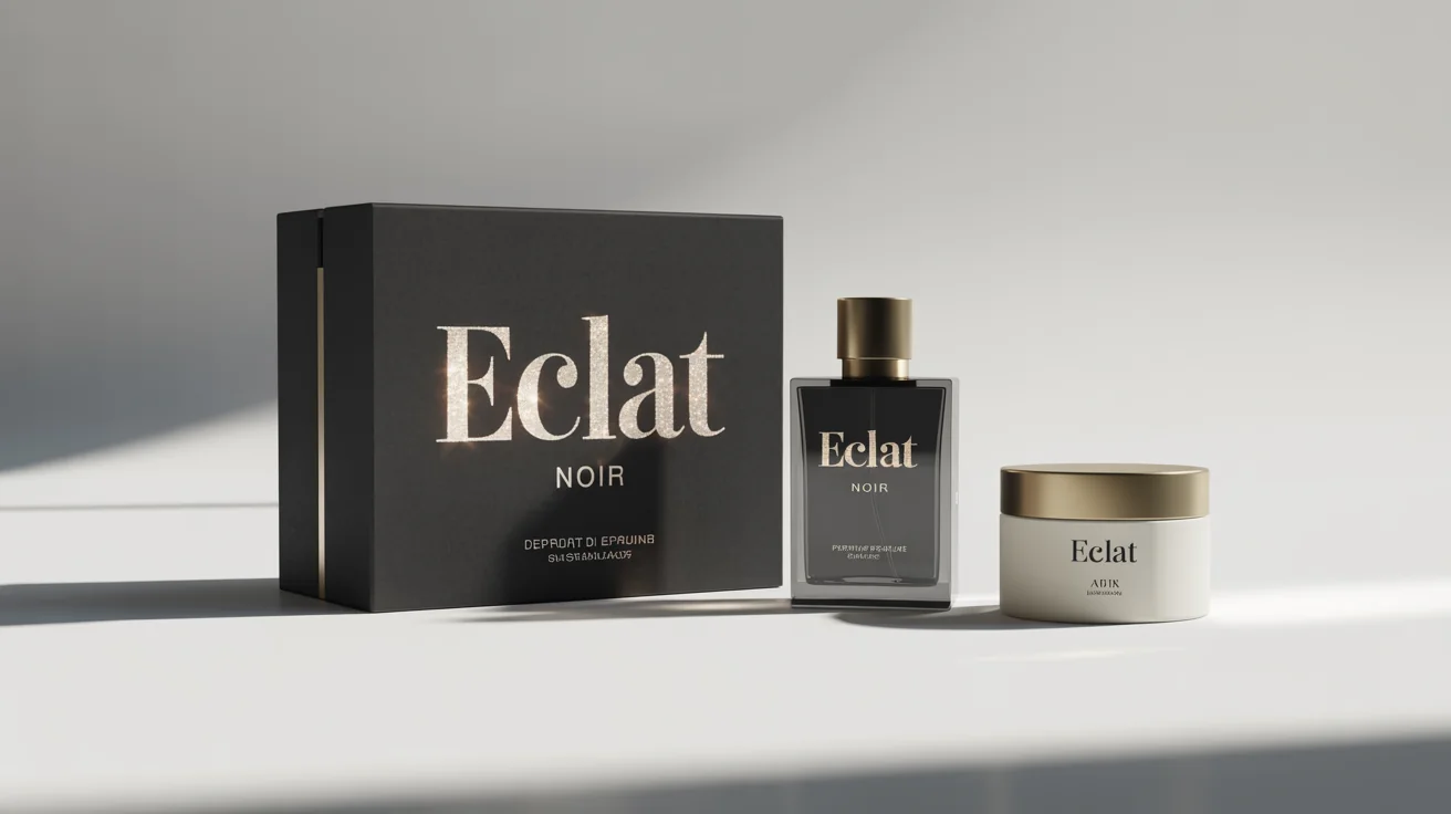 A photorealistic mockup of a luxury packaging design collection featuring a matte black box with gold foil text, a dark glass perfume bottle with a gold cap, and a white ceramic jar, all arranged elegantly on a clean white background.