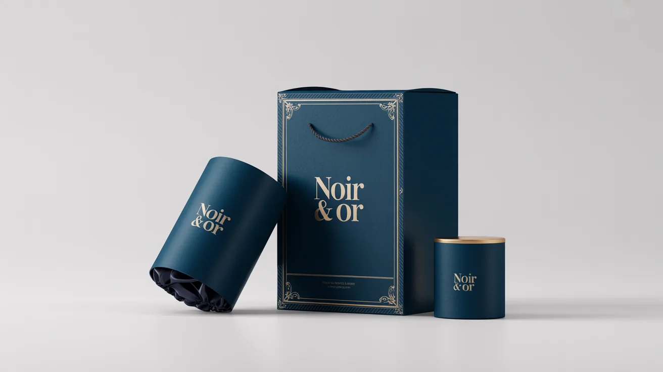 A studio shot of luxury packaging design, featuring navy blue and gold foil boxes and a bag with the brand name 'NOIR & OR' elegantly displayed on a clean white background.