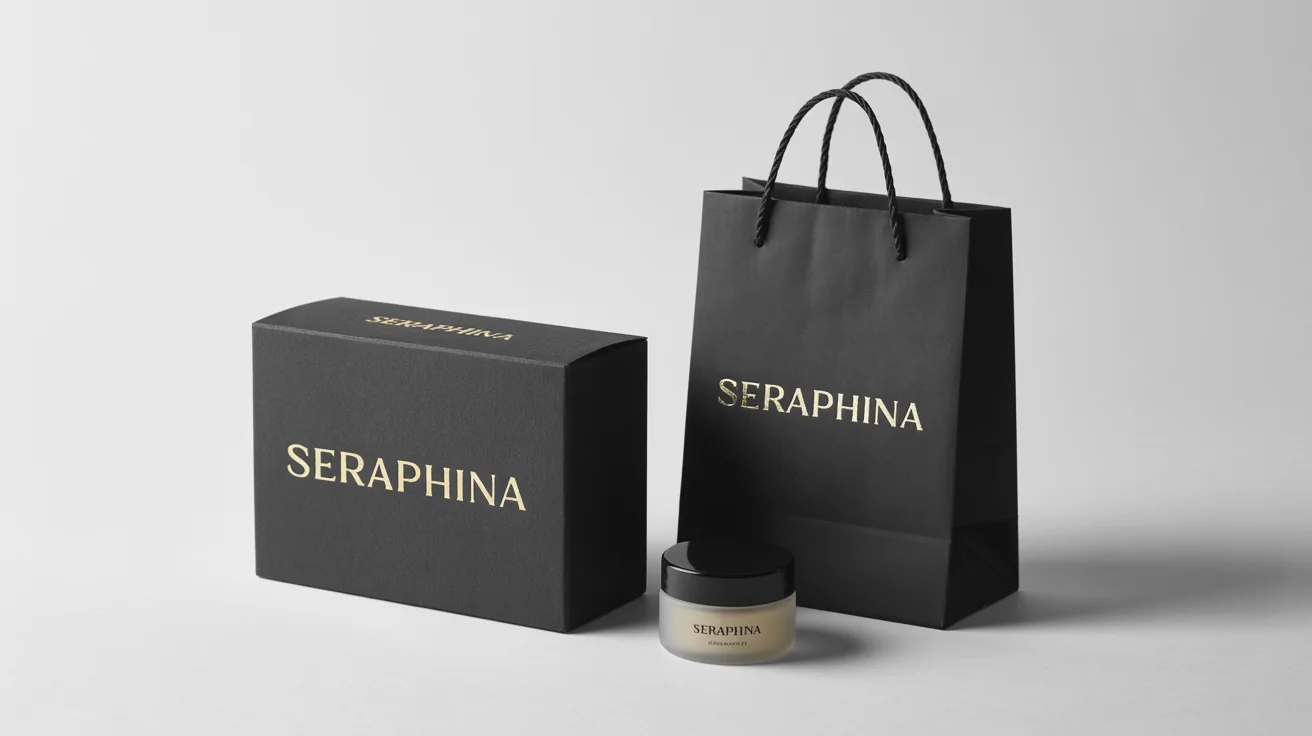 A photorealistic mockup of a luxury packaging set, including a matte black box, shopping bag, and a small jar, all featuring the brand name 'SERAPHINA' in gold foil, set against a plain white background.