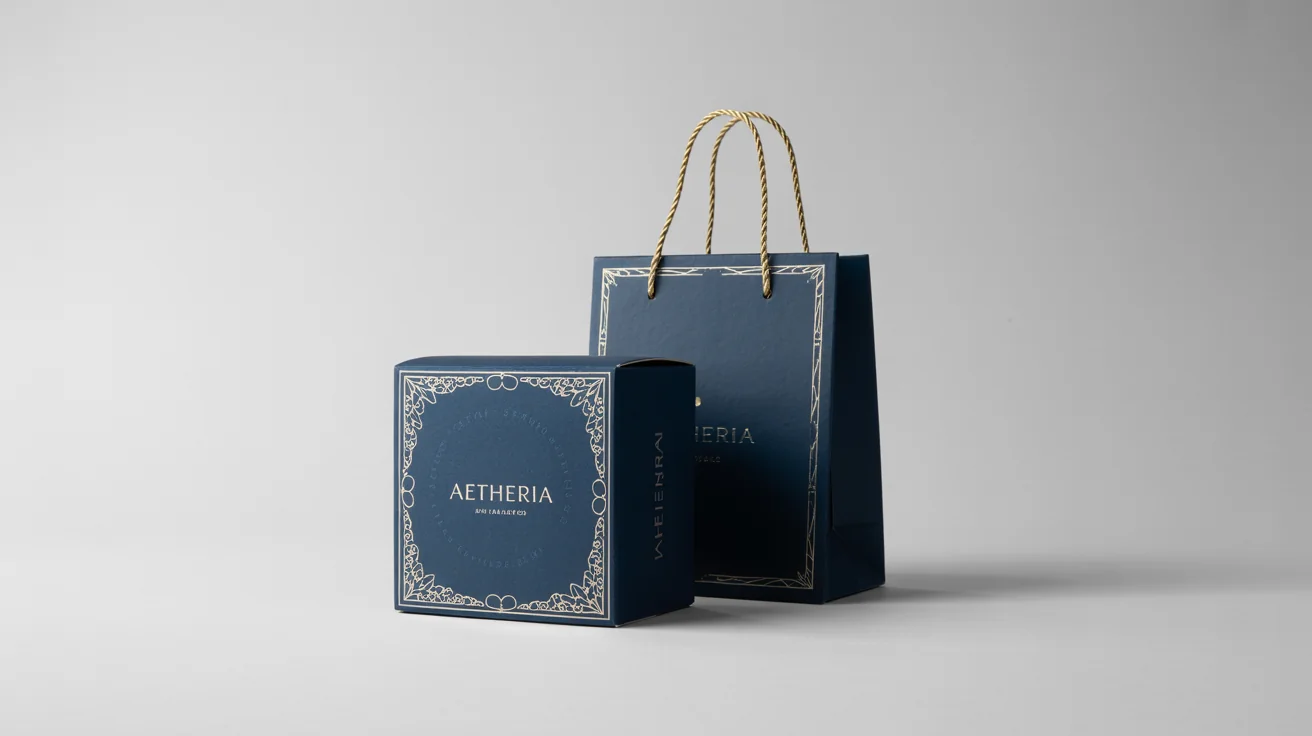 A photorealistic mockup of a luxury navy blue and gold packaging box and matching shopping bag for the brand 'Aetheria' on a clean white background.