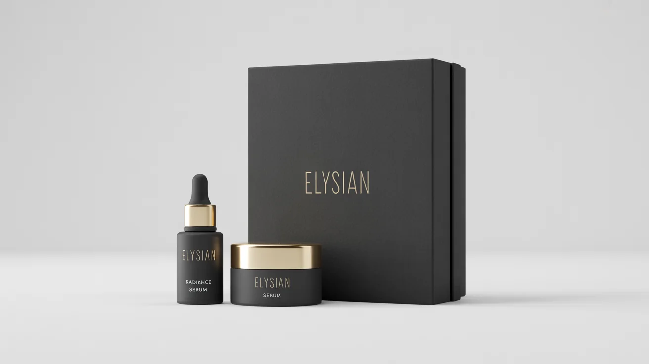 A mockup of a luxury cosmetic packaging set, featuring a matte black bottle, jar, and box with elegant gold foil lettering, arranged on a clean white background.