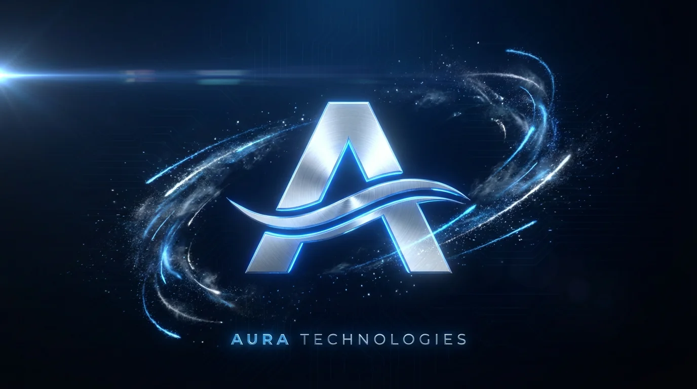 A still frame from a professional animated logo intro showing a glowing, metallic logo for the fictional brand 'Aura' at the center, surrounded by dynamic blue light streaks and particles on a dark background.