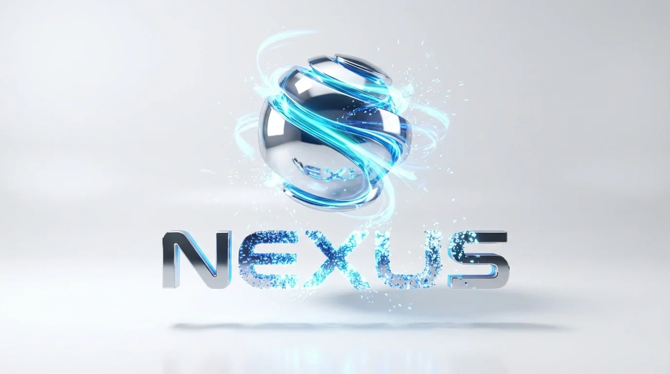 A mockup of an animated logo intro, showing a metallic 3D sphere with glowing blue light trails frozen in mid-animation, with the word 'NEXUS' materializing below it on a clean white background.