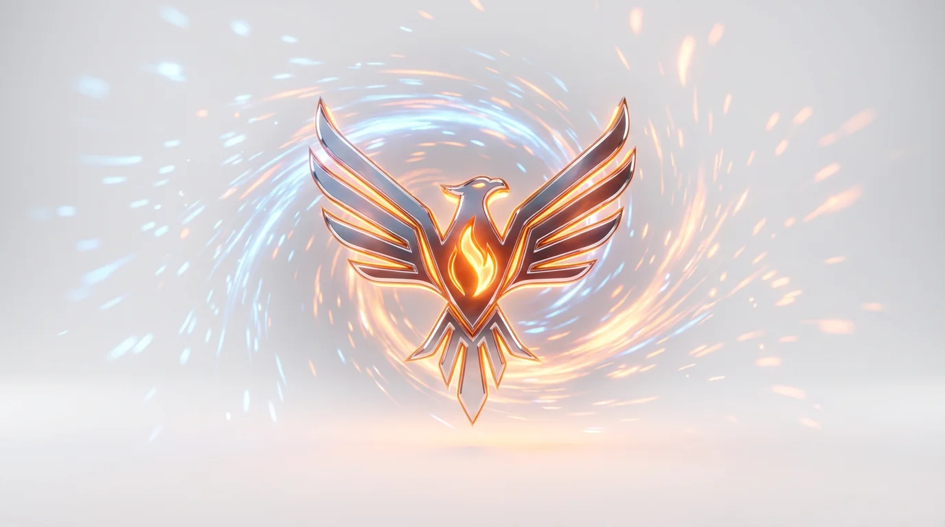 A photorealistic 3D render of a metallic and glowing orange phoenix logo materializing from blue and orange light particles, representing an animated logo intro.