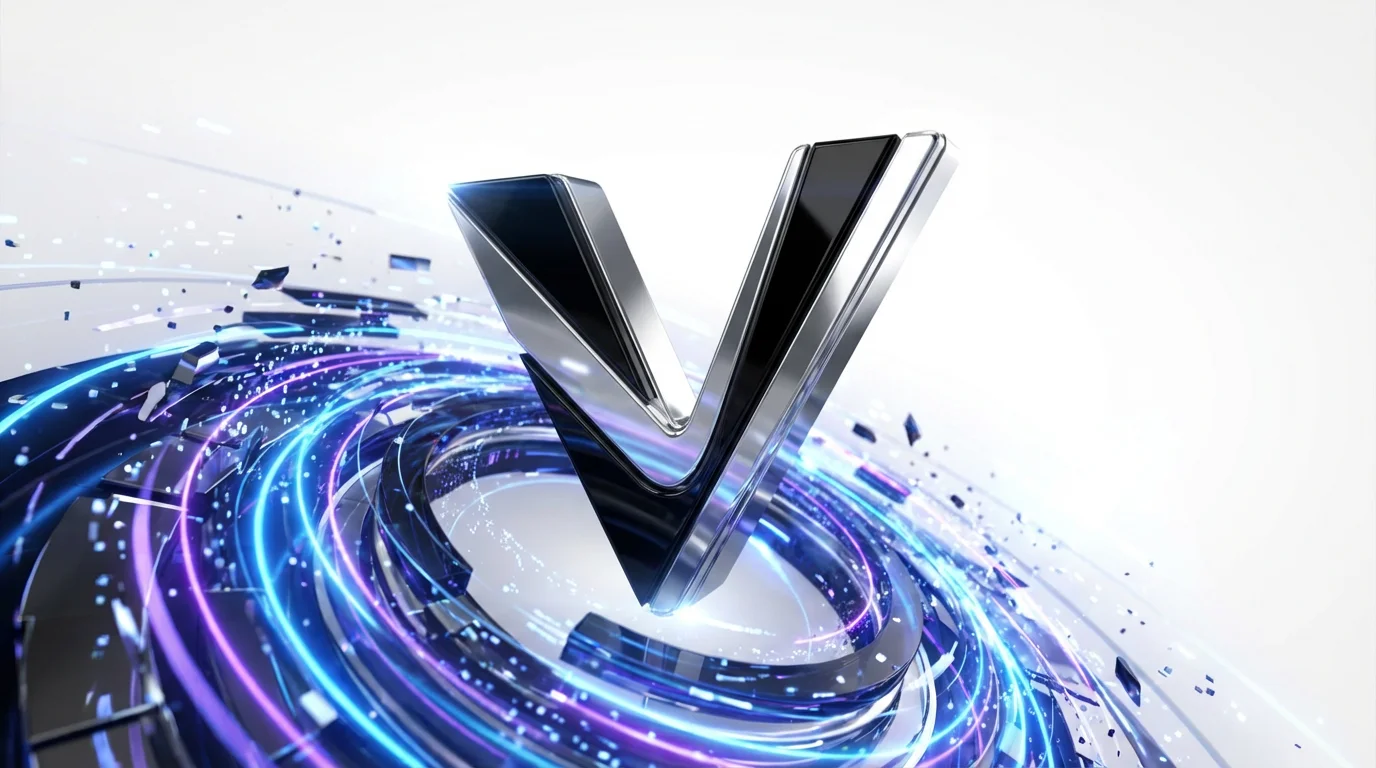 A 3D animated logo of a stylized silver letter 'V' emerging from a swirl of blue and purple light on a clean white background, symbolizing a dynamic logo intro.