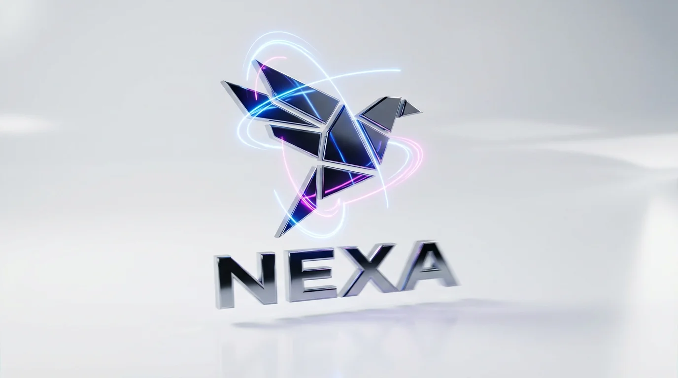 A mockup of an animated logo intro, showing a polished chrome geometric logo and the word 'NEXA' being formed by streaks of blue and pink light against a clean white background.