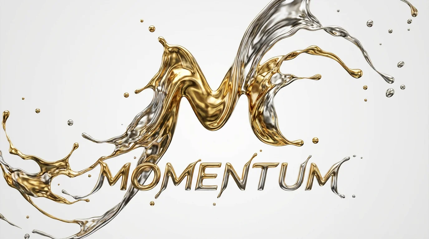 An animated logo for the brand 'Momentum' captured mid-formation. Swirls of gold and silver liquid are frozen in time, creating an abstract 'M' and the brand name against a plain white background, conveying motion and elegance.