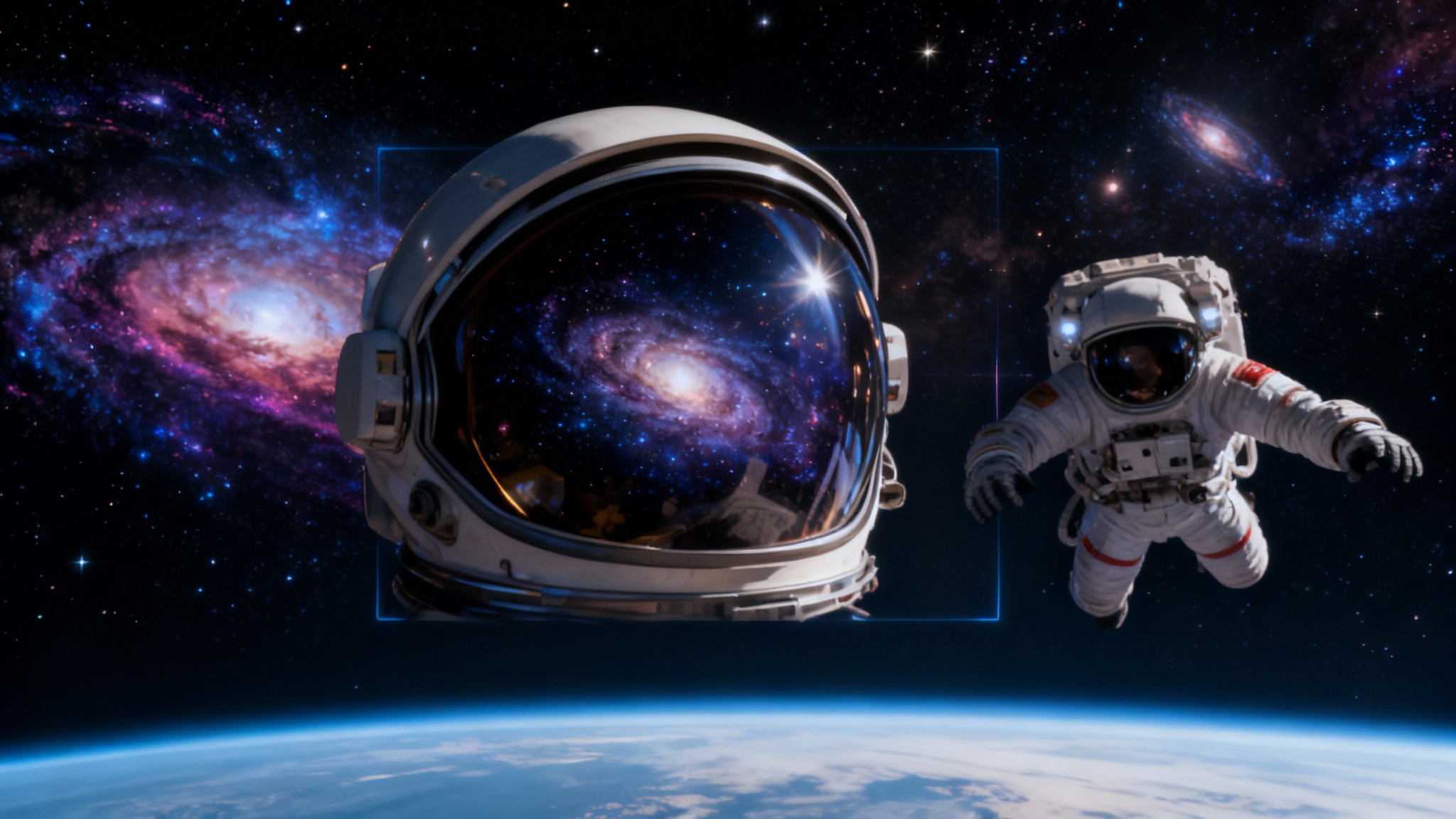 A demonstration of video outpainting showing an astronaut in space. The original central frame is a close-up of the helmet, which has been extended to reveal the full astronaut and a vast galaxy background.