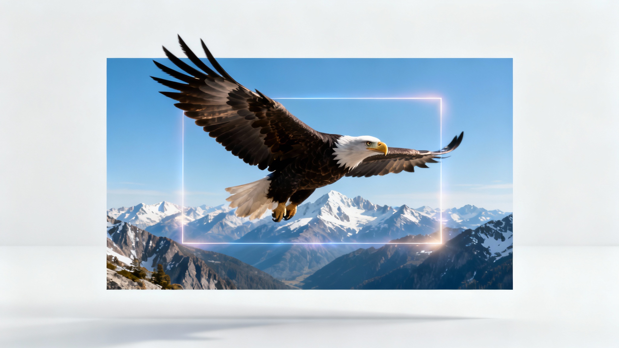 A visual concept of video outpainting, showing a central frame of an eagle's head expanding to reveal the full bird flying over a vast mountain range, isolated on a white background.