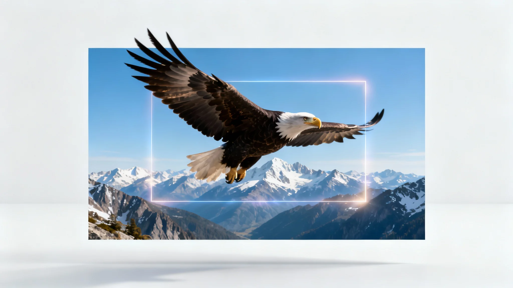 A visual concept of video outpainting, showing a central frame of an eagle's head expanding to reveal the full bird flying over a vast mountain range, isolated on a white background.