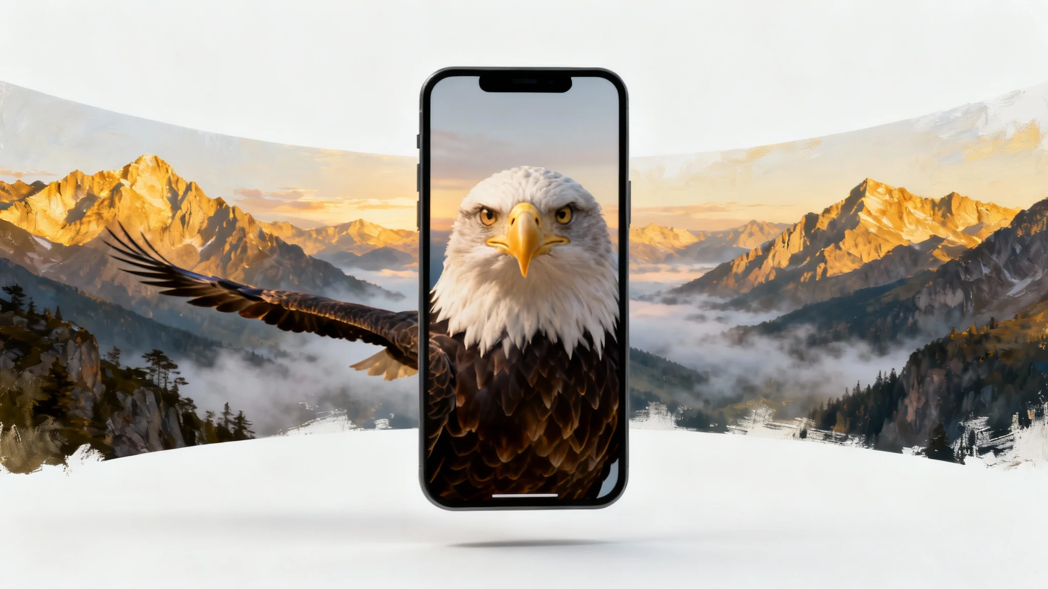 A conceptual image representing video outpainting, where a close-up frame of an eagle's head expands to reveal the full eagle soaring over a vast mountain range.