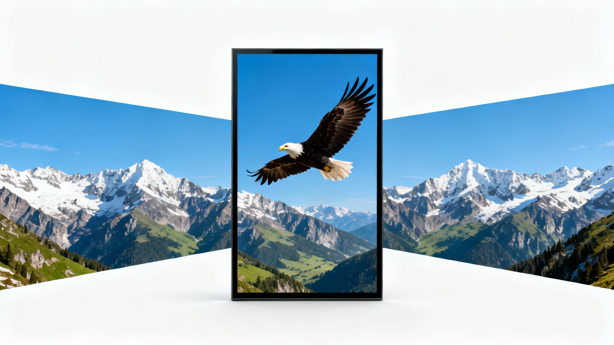 A conceptual image demonstrating video outpainting, where a central frame of an eagle in flight expands to reveal a vast mountain landscape, all on a white background.
