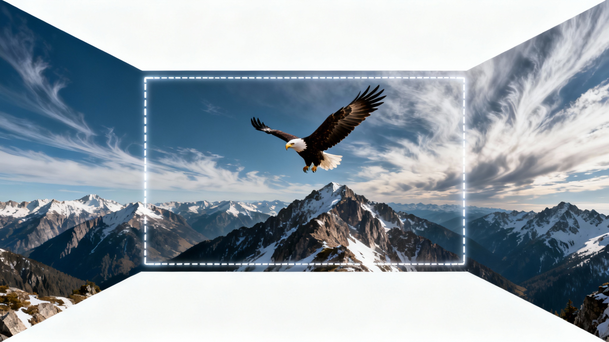 A visual concept of video outpainting, showing a central frame of an eagle in flight that is expanded into a wider panoramic mountain scene, with a dashed line indicating the original frame.
