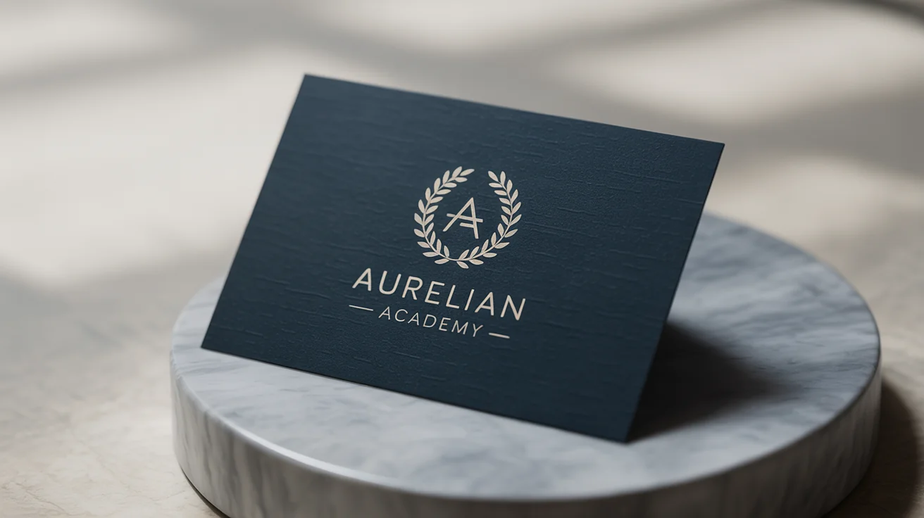 A premium logo design for 'Aurelian Academy' featuring a gold laurel wreath, showcased on a dark navy blue business card resting on a marble surface.