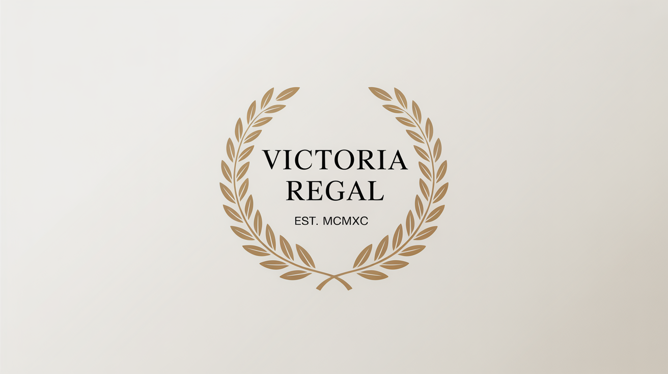 An elegant gold laurel logo mockup on a white background. The logo features a golden laurel wreath with the text 'VICTORIA REGAL' and 'EST. MCMXC' in the center.