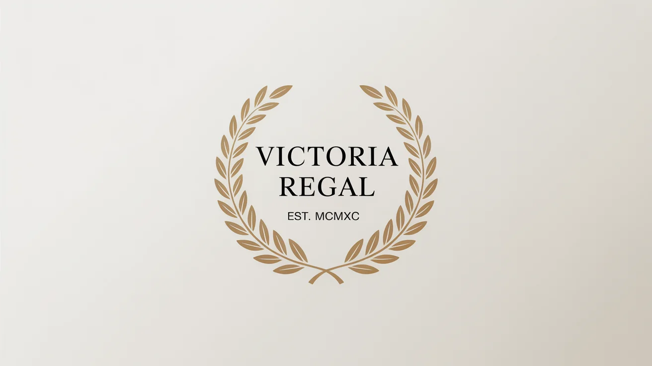 An elegant gold laurel logo mockup on a white background. The logo features a golden laurel wreath with the text 'VICTORIA REGAL' and 'EST. MCMXC' in the center.