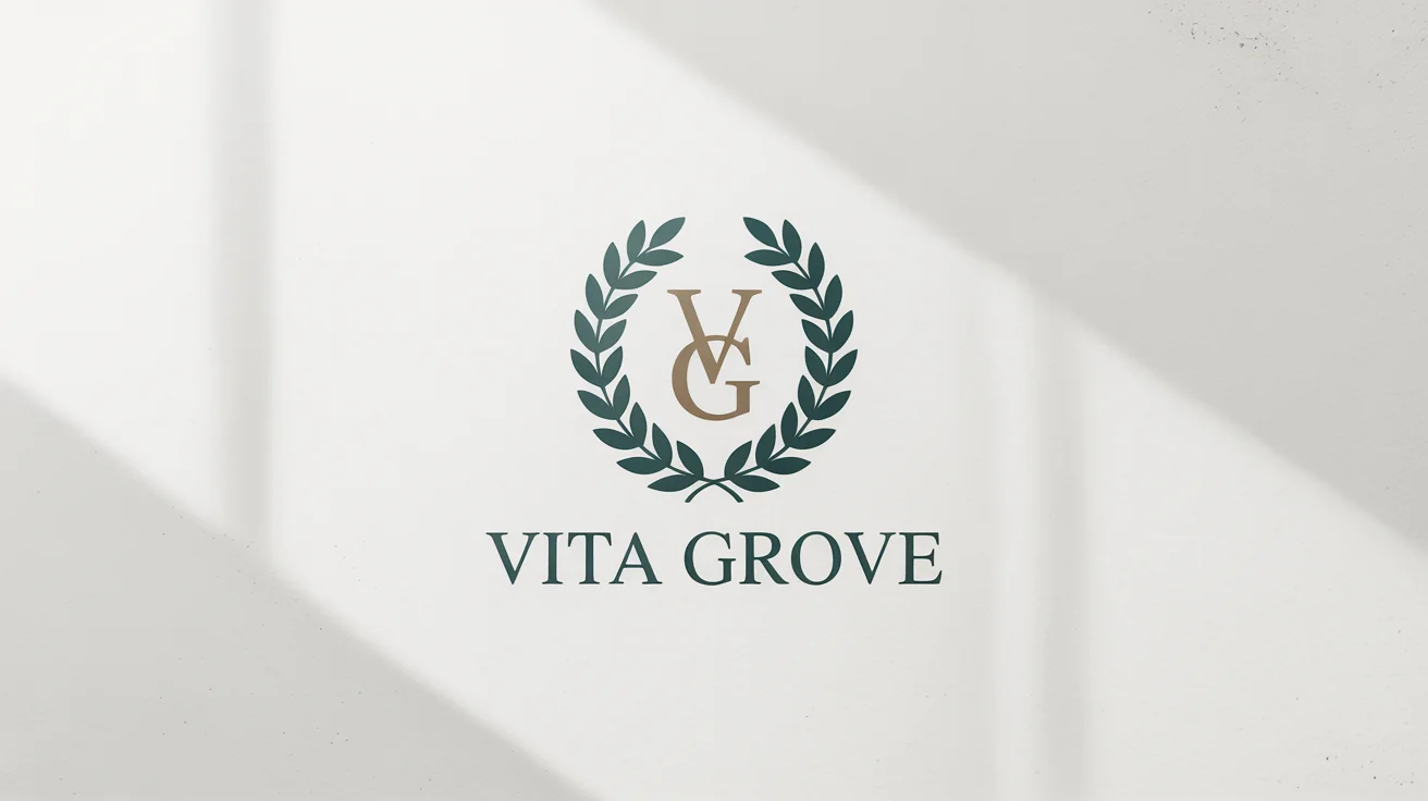 A modern and elegant logo for 'VITA GROVE', featuring a dark green laurel wreath with the gold initials 'V G' inside, displayed on a clean white background.