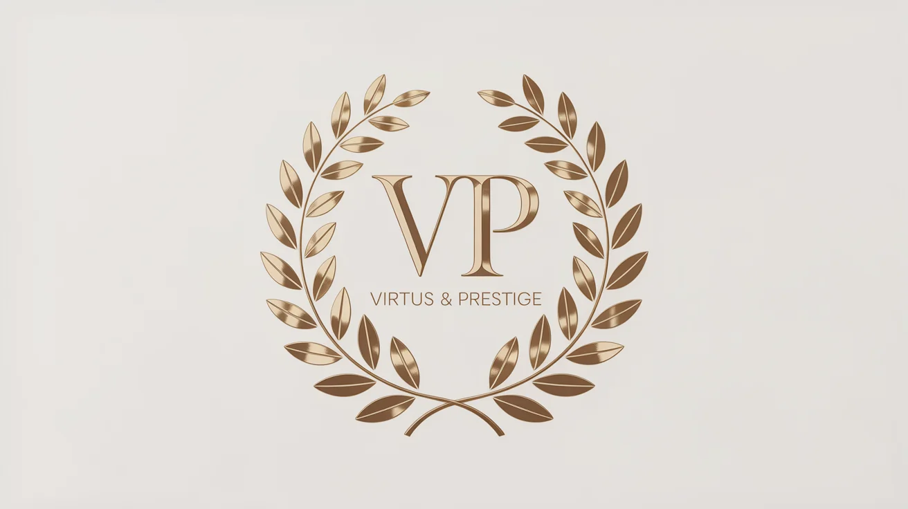 An elegant, gold laurel wreath logo with the monogram 'VP' and the text 'VIRTUS & PRESTIGE' centered on a clean white background.
