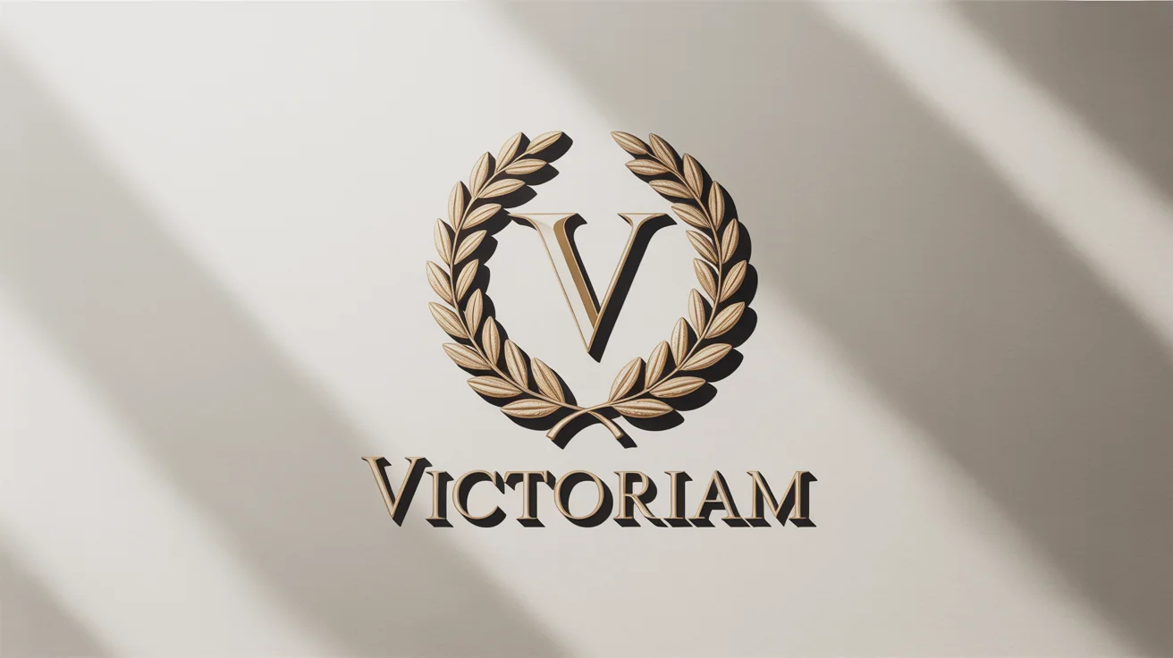 A photorealistic mockup of a luxurious gold laurel wreath logo with the initial 'V' in the center and the word 'VICTORIAM' below it, set against a clean white background.