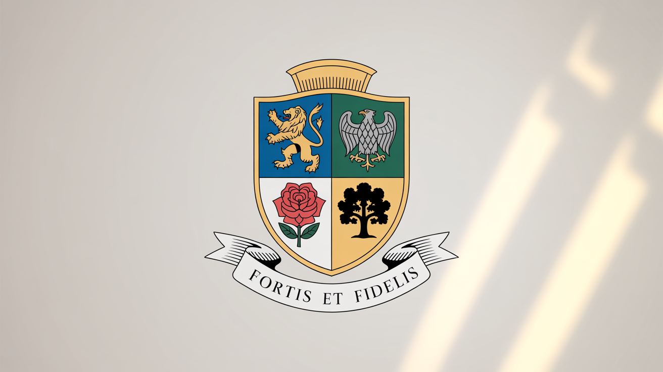 A professionally designed family crest presented as a final digital output. The crest features a shield with four distinct quadrants: a golden lion, a silver eagle, a red rose, and a black oak tree. An ornate banner below the shield displays the Latin motto 'Fortis et Fidelis' in elegant script.