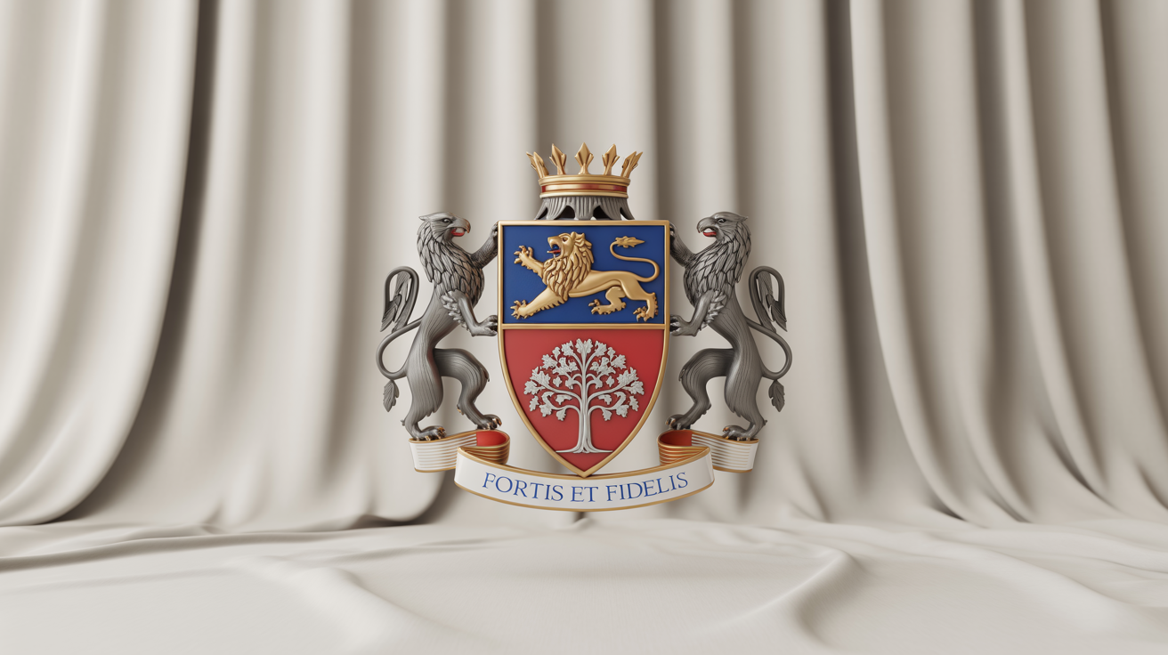 A professionally designed family crest mockup on a white background, featuring a shield with a lion and an oak tree, flanked by two griffins, and a banner with the motto 'Fortis et Fidelis'.