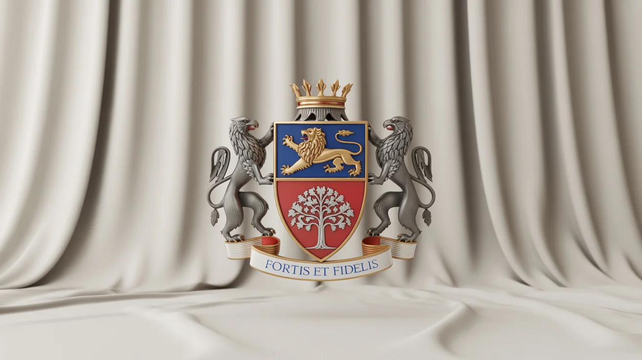 A professionally designed family crest mockup on a white background, featuring a shield with a lion and an oak tree, flanked by two griffins, and a banner with the motto 'Fortis et Fidelis'.