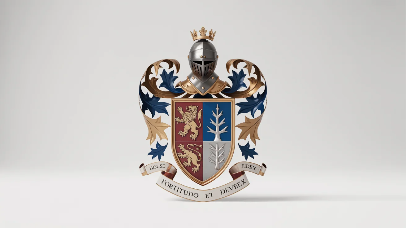 A detailed and ornate family crest for the 'House of Devereux' on a white background, featuring a shield with a lion and a tree, supported by two griffins, and a banner with the motto 'FORTITUDO ET FIDES'.