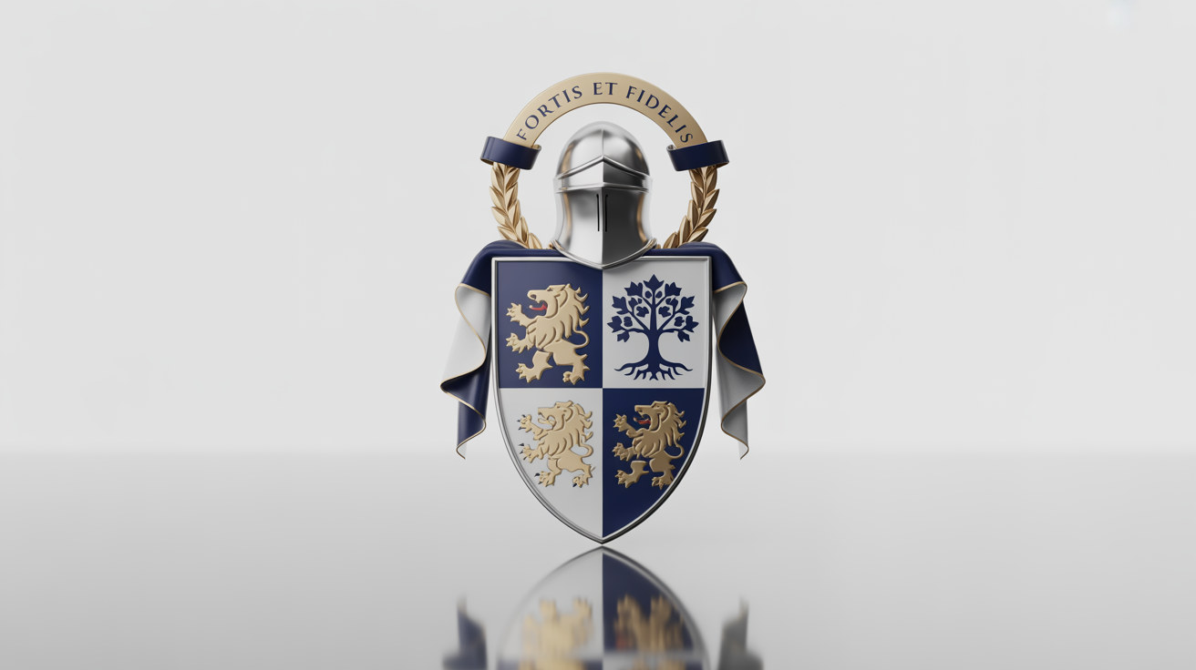 A professionally designed family crest mockup on a white background, featuring a shield with a gold lion and a silver oak tree, a knight's helmet, and a banner with the motto 'Fortis et Fidelis'.