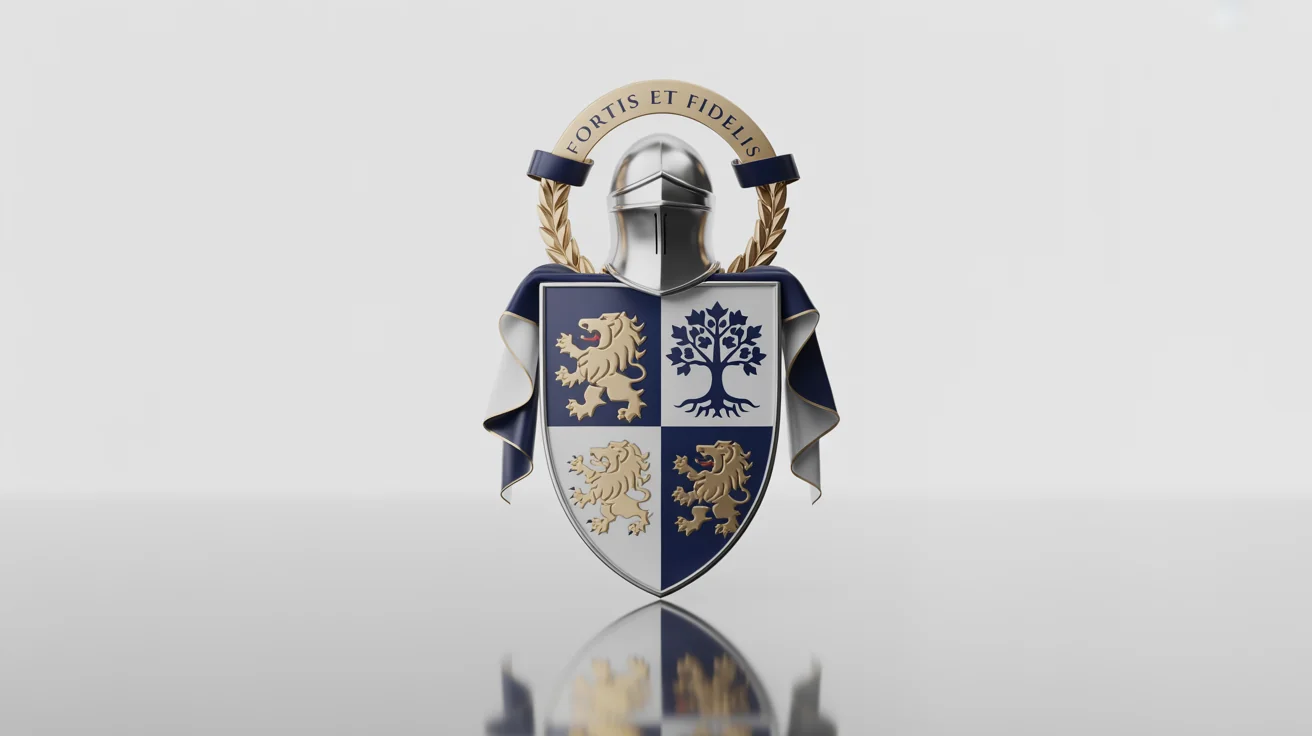 A professionally designed family crest mockup on a white background, featuring a shield with a gold lion and a silver oak tree, a knight's helmet, and a banner with the motto 'Fortis et Fidelis'.