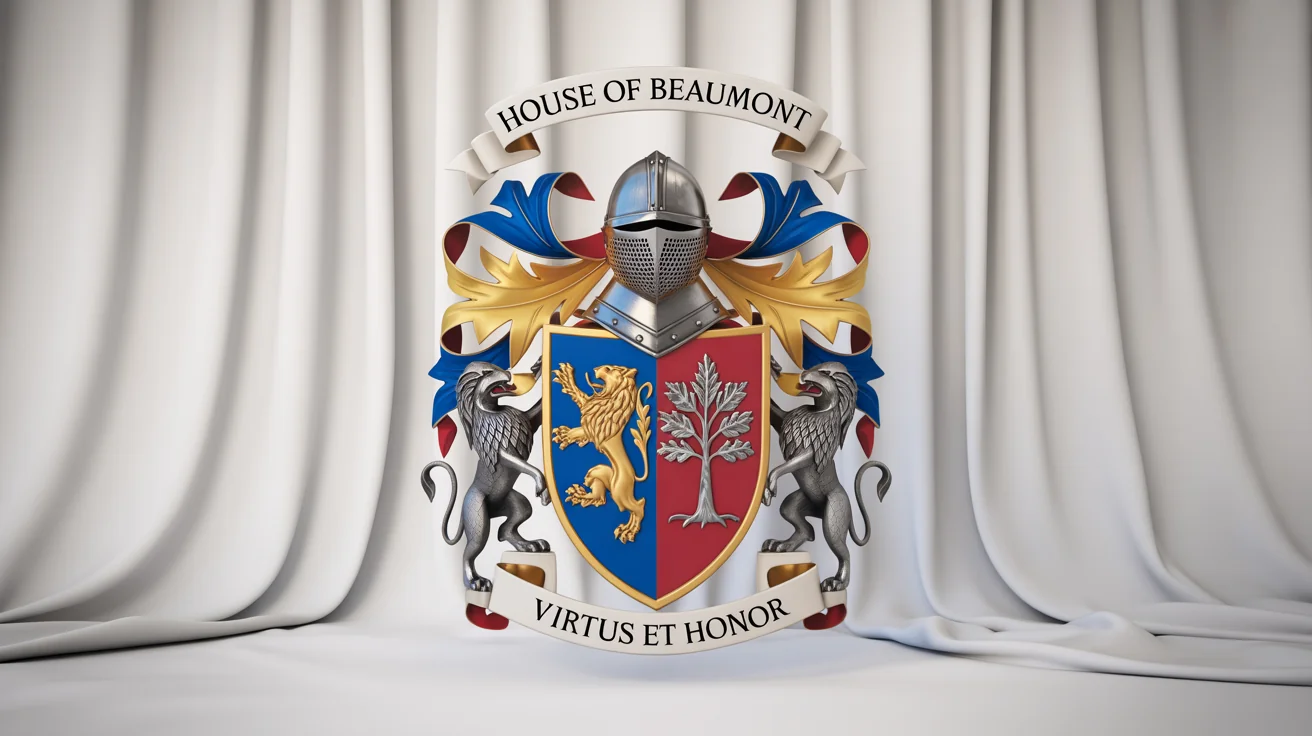 A detailed, traditional family crest for the fictional 'House of Beaumont', featuring a shield with a lion and an oak tree, flanked by two griffins, and topped with a knight's helmet. Banners above and below display the family name and motto 'Virtus et Honor'.