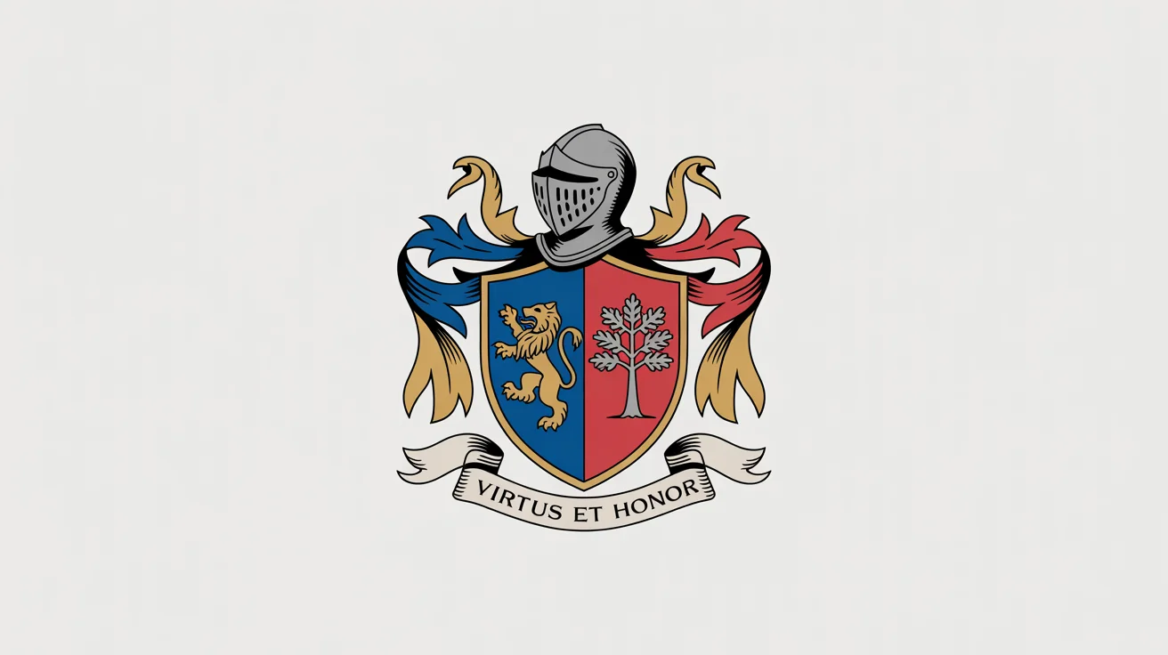 A professionally designed family crest mockup on a white background, featuring a shield with a lion and an oak tree, supported by two griffins, and a banner with the motto 'Virtus et Honor'.