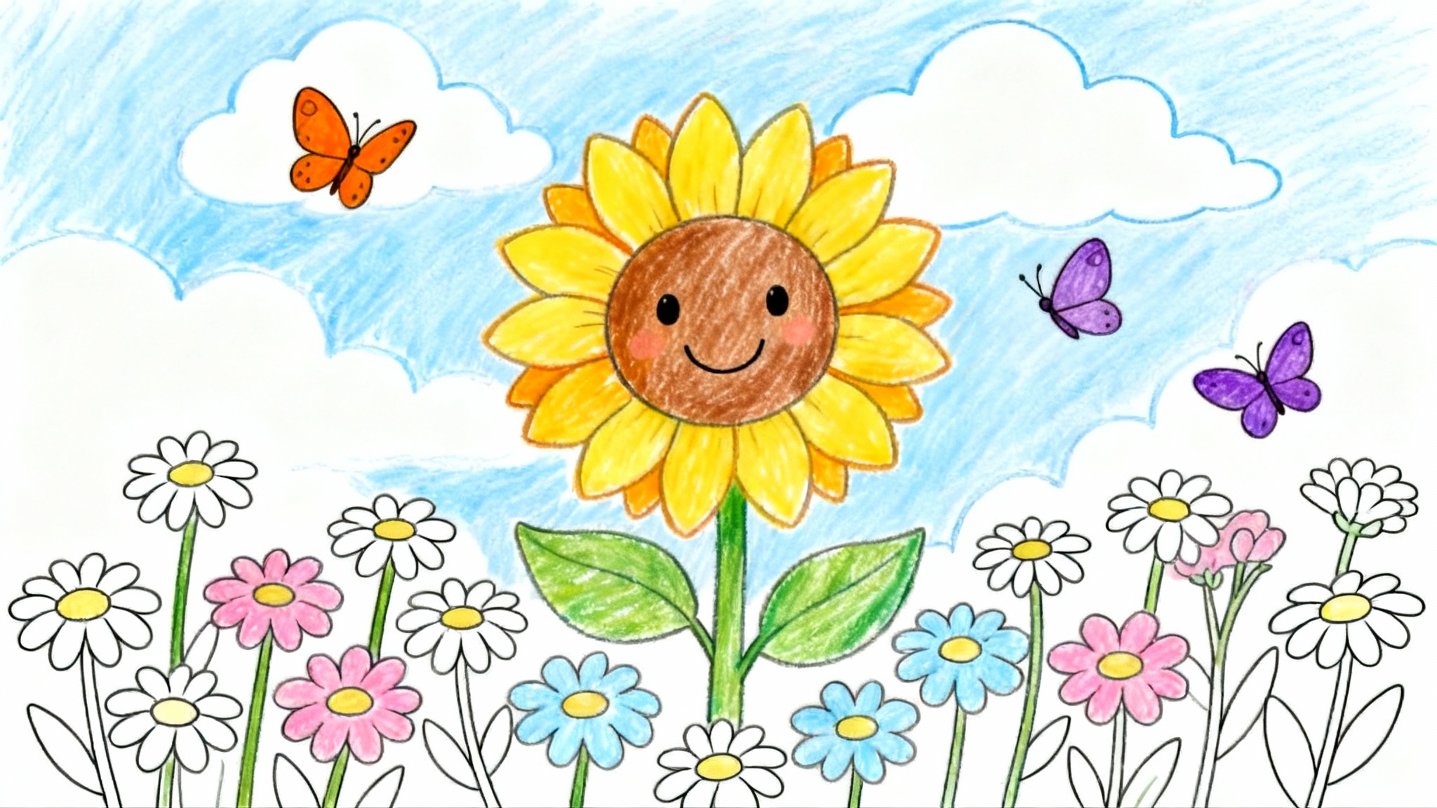 A completed kids' coloring page of a happy, smiling sunflower surrounded by daisies and butterflies, colored in with bright, cheerful crayons.