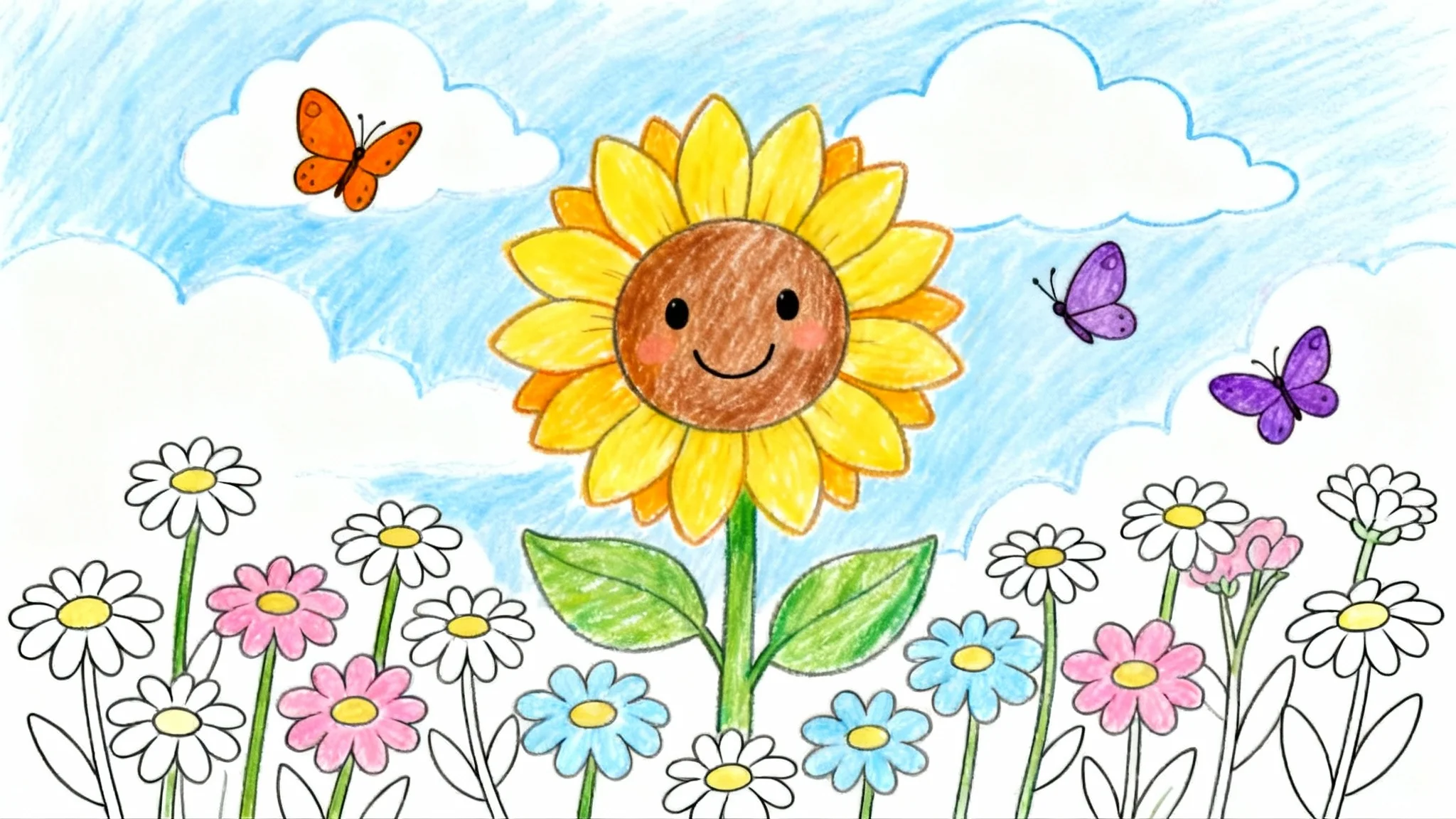 A completed kids' coloring page of a happy, smiling sunflower surrounded by daisies and butterflies, colored in with bright, cheerful crayons.