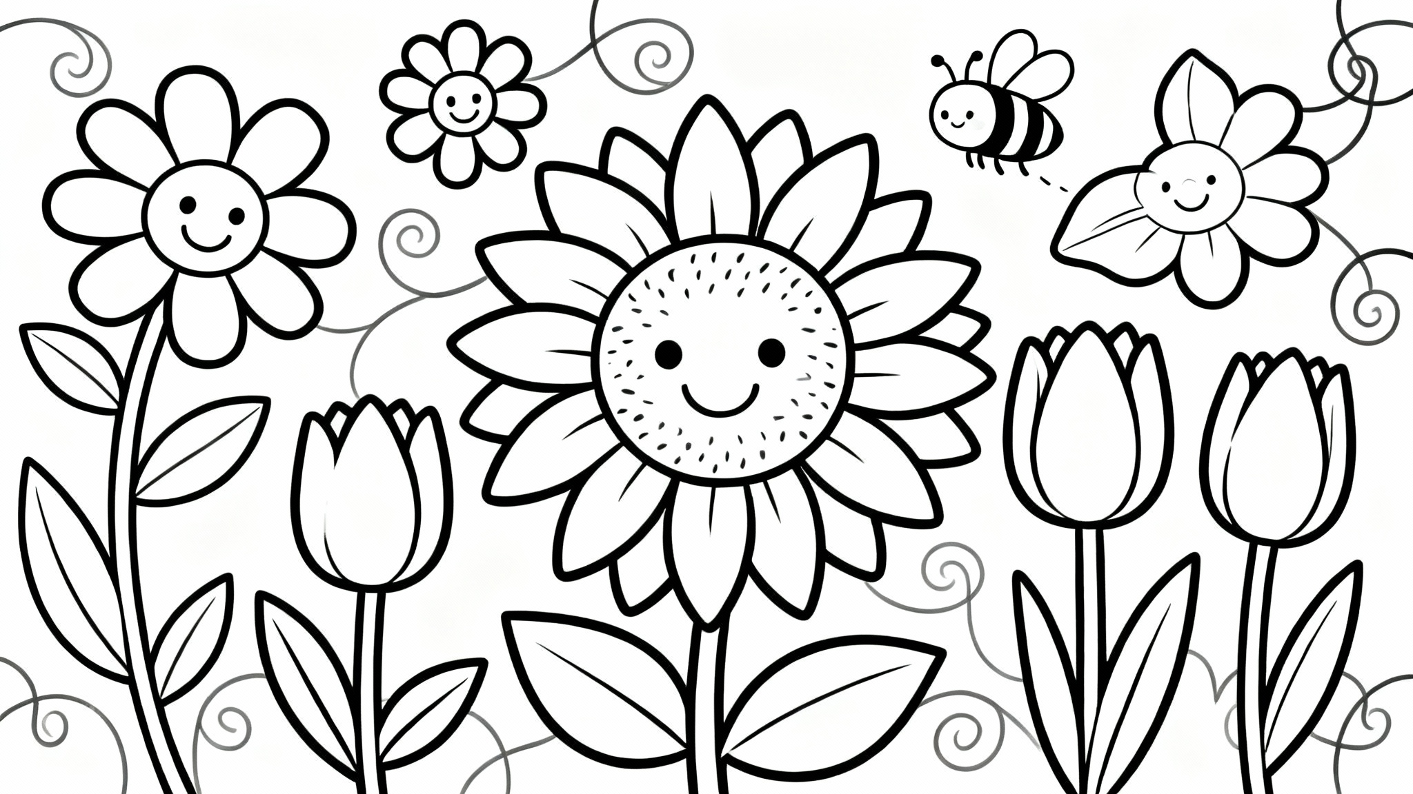 A black and white line art coloring page for kids, featuring an arrangement of large, smiling flowers and a friendly bee, designed with bold, clear outlines on a white background.