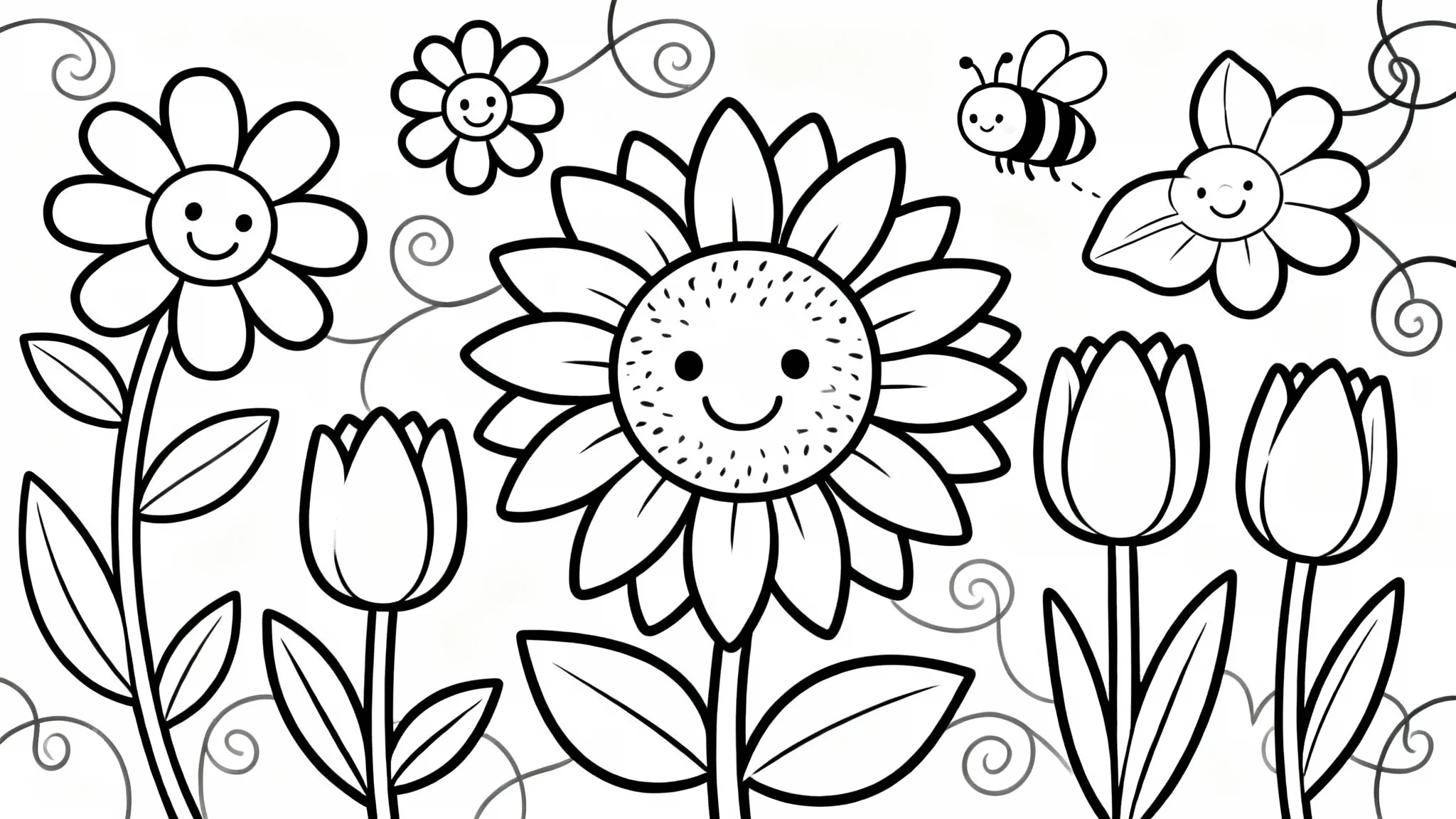 A black and white line art coloring page for kids, featuring an arrangement of large, smiling flowers and a friendly bee, designed with bold, clear outlines on a white background.