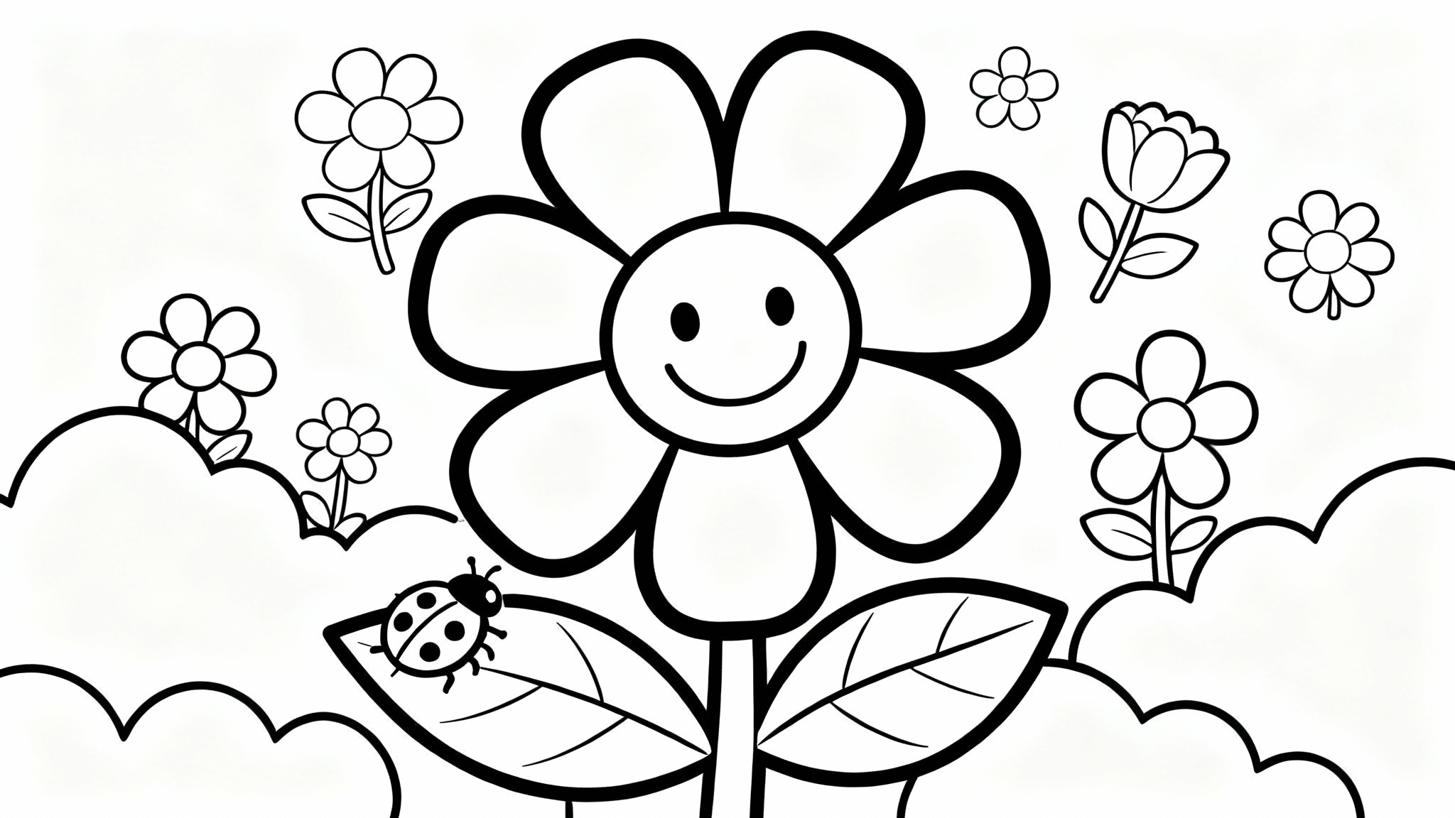 A black and white line drawing of a flower coloring page for children. A large, smiling flower is in the center, surrounded by smaller flowers and leaves, ready to be colored in.