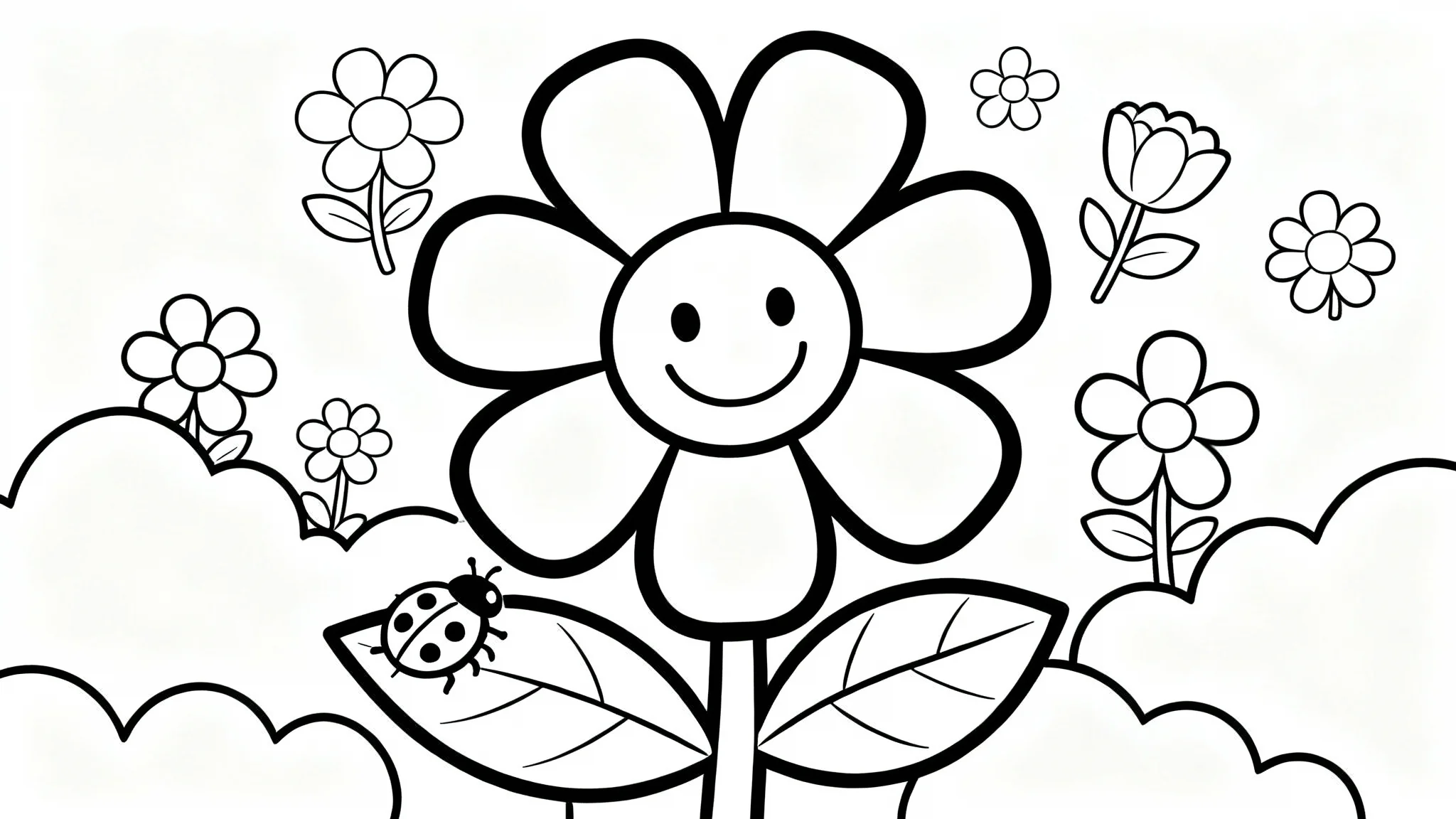 A black and white line drawing of a flower coloring page for children. A large, smiling flower is in the center, surrounded by smaller flowers and leaves, ready to be colored in.