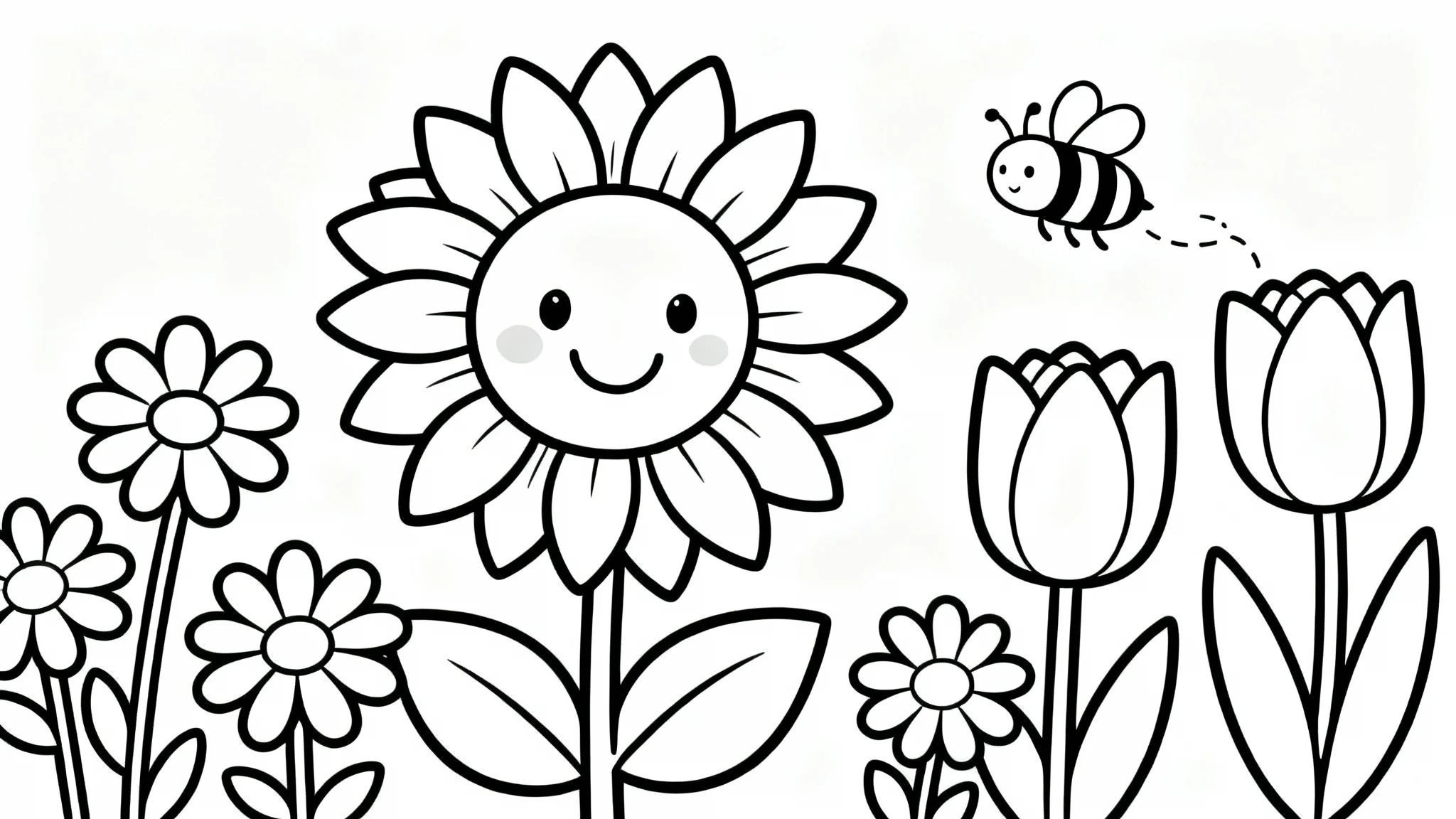 A black and white outline of a kids' coloring page showing a smiling sunflower, daisies, tulips, and a friendly bee, set against a plain white background.