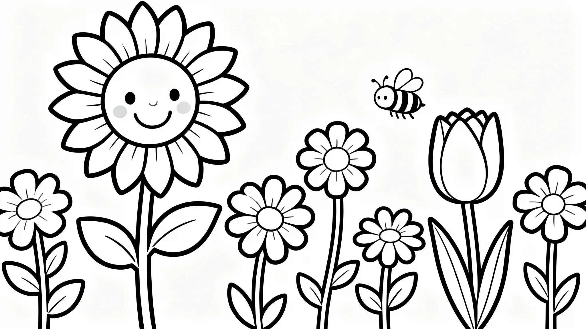 A black and white line art coloring page for children, showing several simple flowers and a cute bee, ready to be colored in.