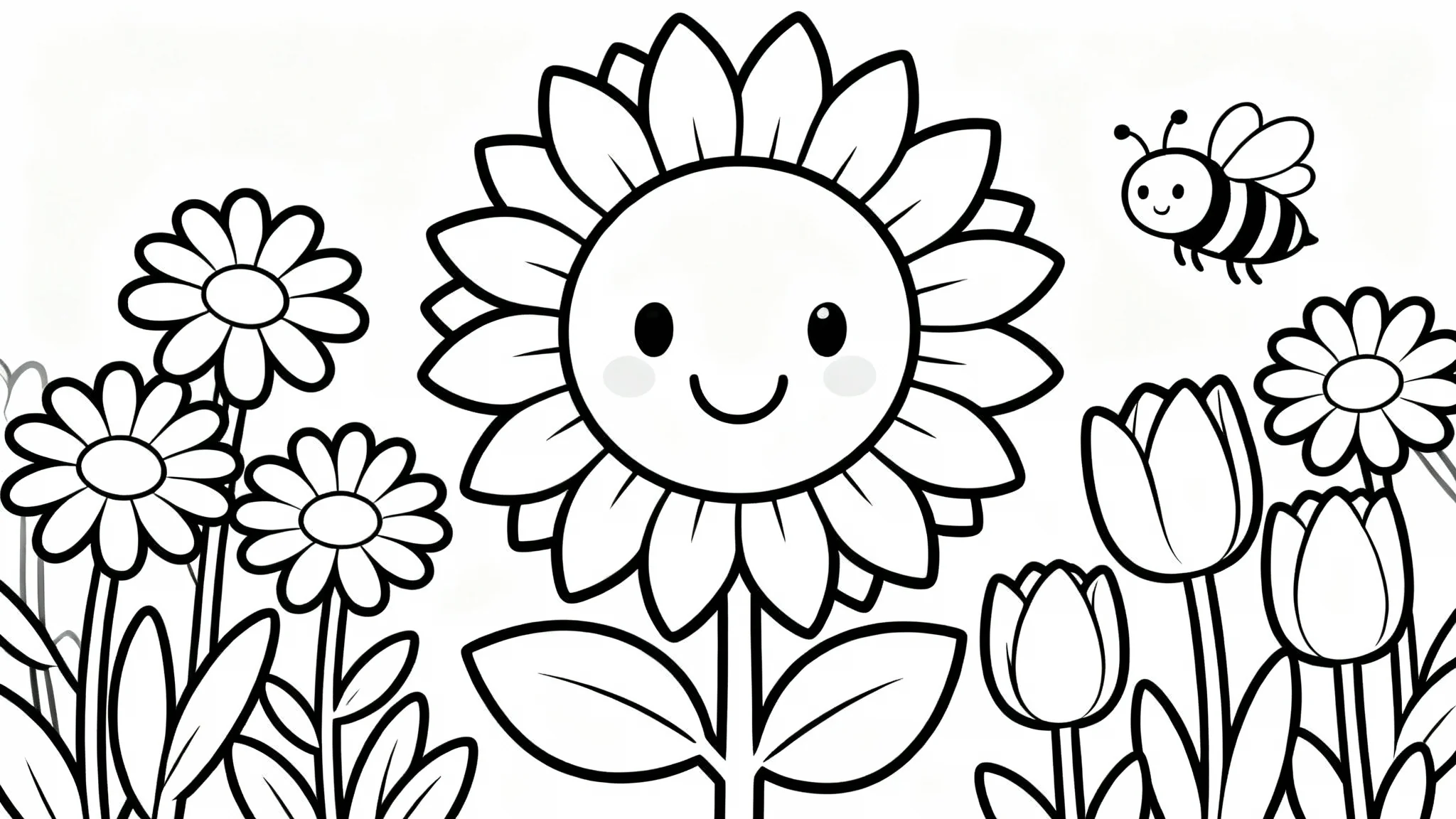 A black and white line drawing of a kids' coloring page featuring a happy sunflower, daisies, tulips, and a friendly bee, ready to be colored.