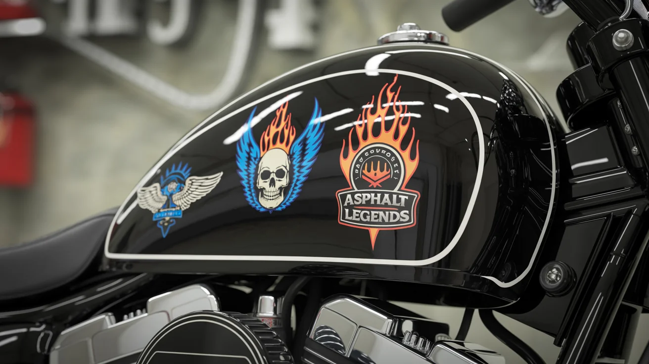 A polished, close-up photo shows several custom-designed stickers applied to a glossy black motorcycle tank. The stickers include a flaming skull and a retro racing logo in bright, eye-catching colors.